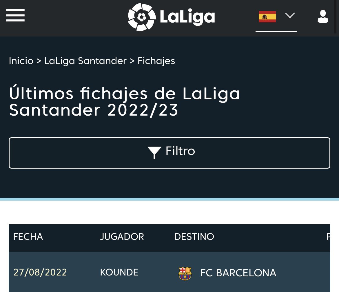La página de la Liga refleja la inscripción de Koundé con el Barça / Redes
