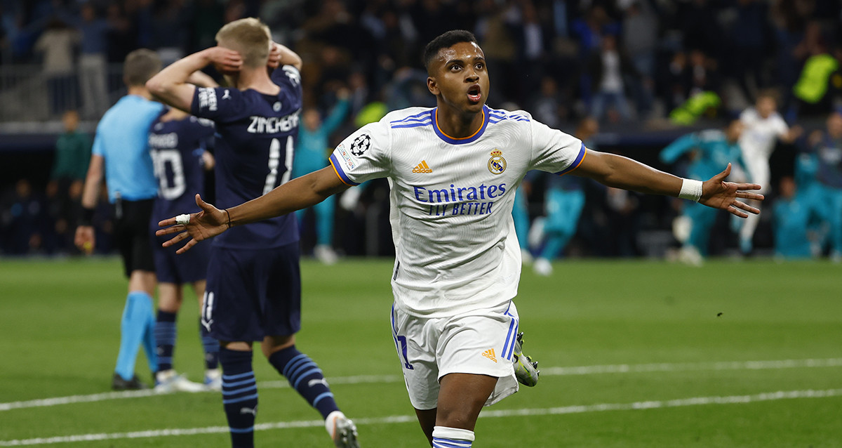 Rodrygo Goes, celebrando uno de sus dos goles contra el Manchester City en la pasada Champions / EFE