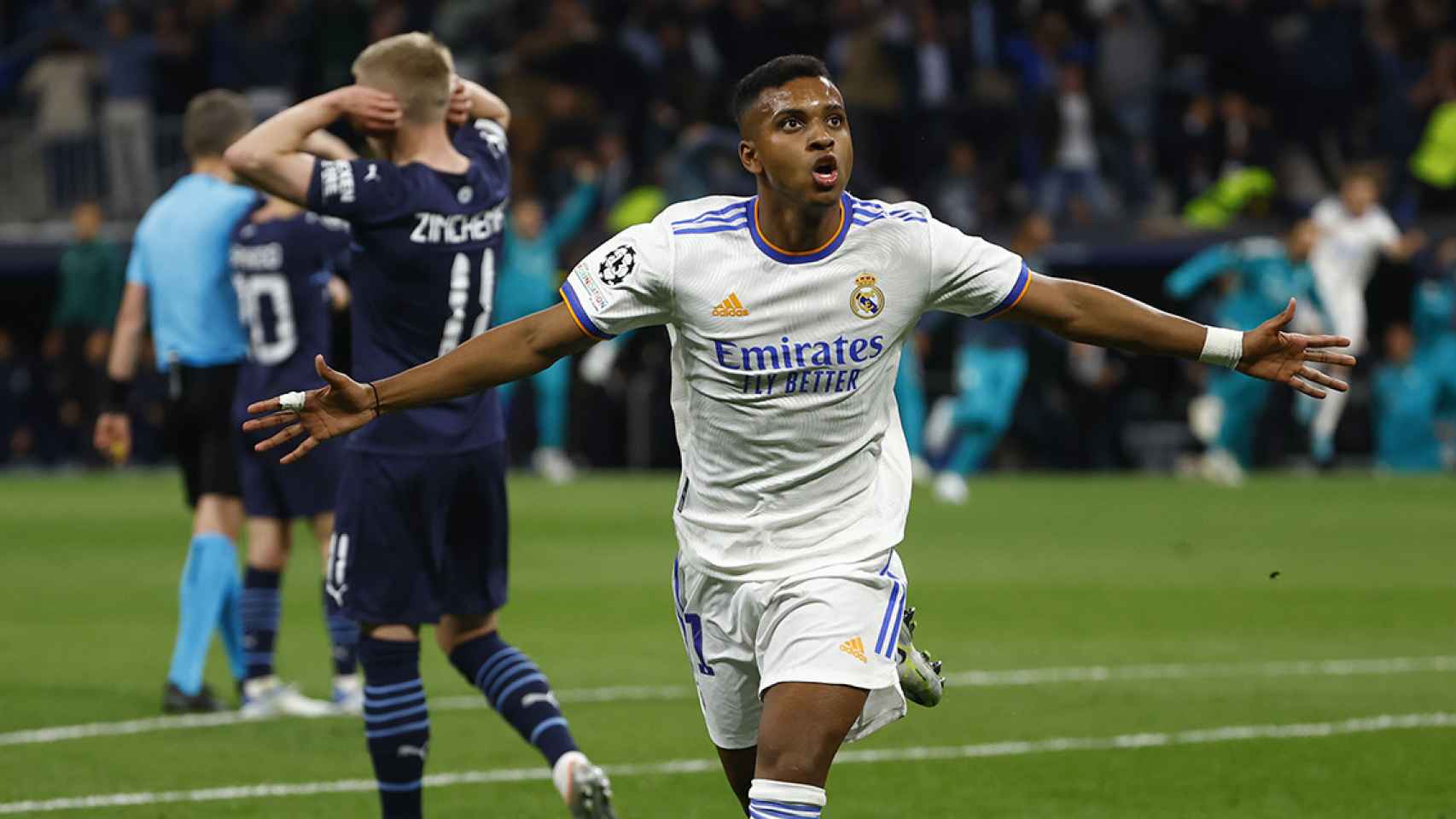 Rodrygo Goes, celebrando uno de sus dos goles contra el Manchester City en la pasada Champions / EFE