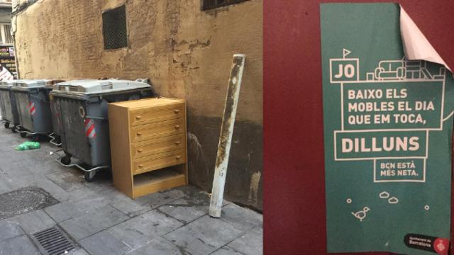 Imagen de muebles en la calle en Barcelona y los carteles solo en catalán del Ayuntamiento de Barcelona / CG