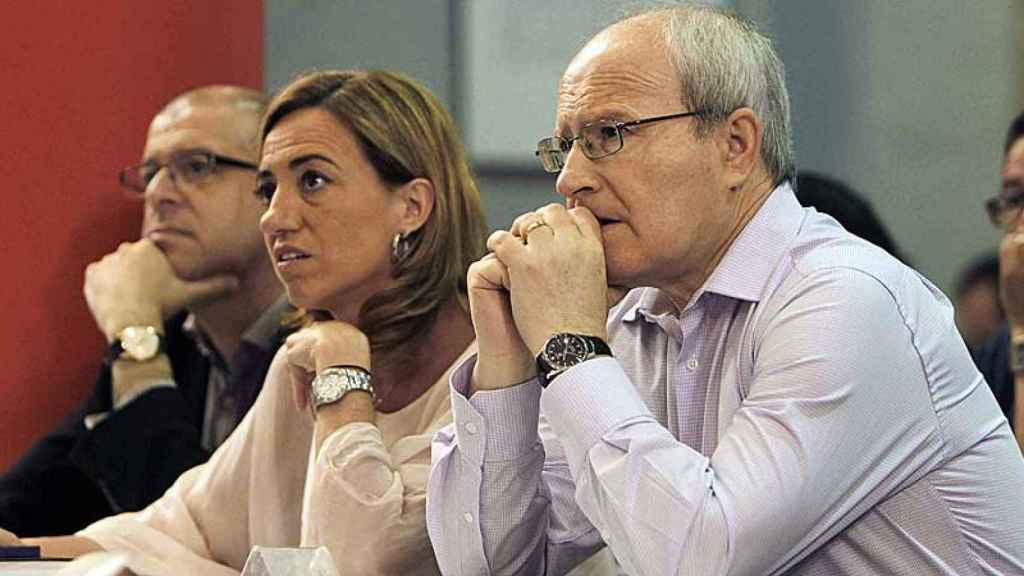 El ex presidente de la Generalitat y del PSC, José Montilla, junto a Carme Chacón y José Zaragoza