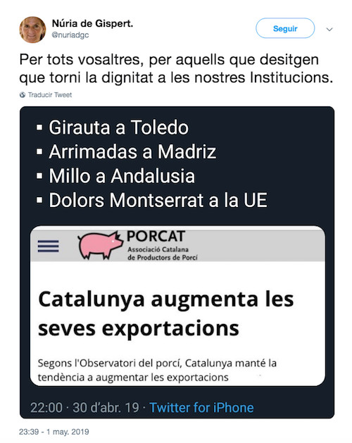 De Gispert, llamando 'cerdos' a Juan Carlos Girauta, Inés Arrimadas, Enric Millo y Dolors Montserrat en 2019 / TWITTER
