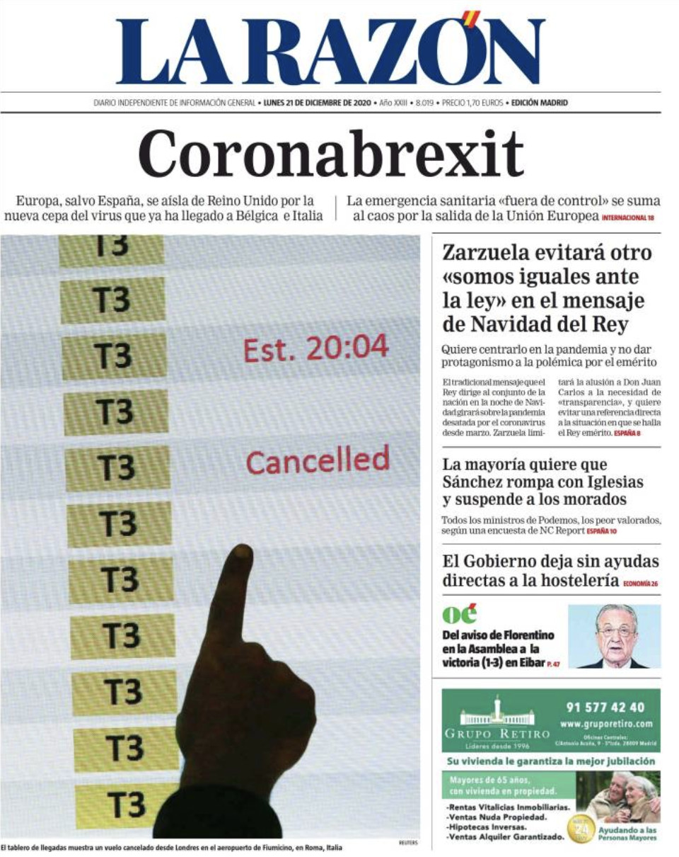 Portada de 'La Razón' del 21 de diciembre de 2020 / LA RAZÓN