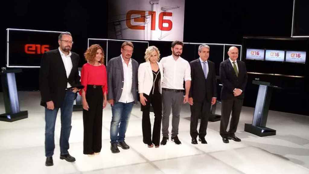 Juan Carlos Girauta, Meritxell Batet, Xavier Doménech, Mónica Terribas, Gabriel Rufian, Francesc Homs y Jorge Fernández, en el debate de candidatos catalanes de TV3.