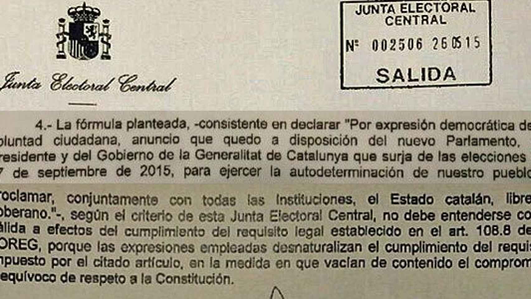 Acuerdo de la Junta Electoral Central (JEC) por el que declara ilegal la fórmula propuesta por la AMI para la toma de posesión de los cargos electos independentistas