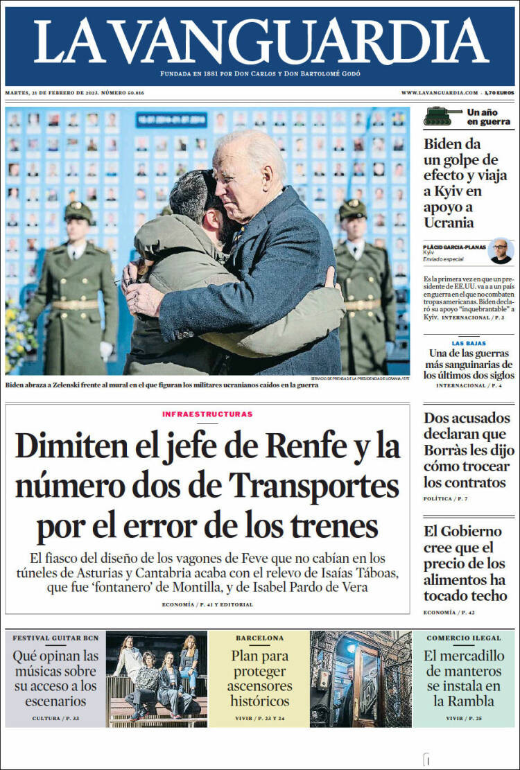 Portada de 'La Vanguardia' de 21 de febrero de 2023 / KIOSKO.NET