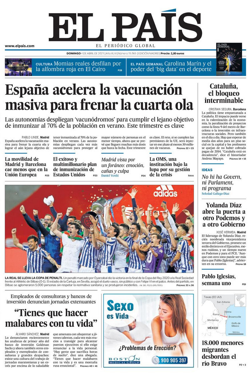 Portada de 'El País' del 4 de abril de 2021 / EL PAÍS