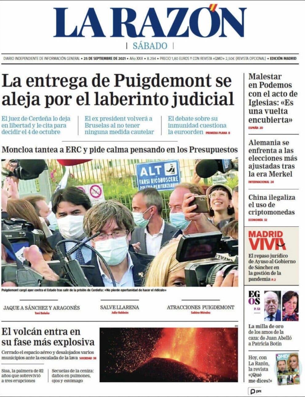 Portada de 'La Razón' del 25 de septiembre de 2021 / KIOSKO.NET