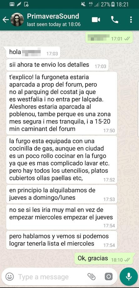 Conversación vía Whats app para alquilar la caravana anunciada en Mil Anuncios