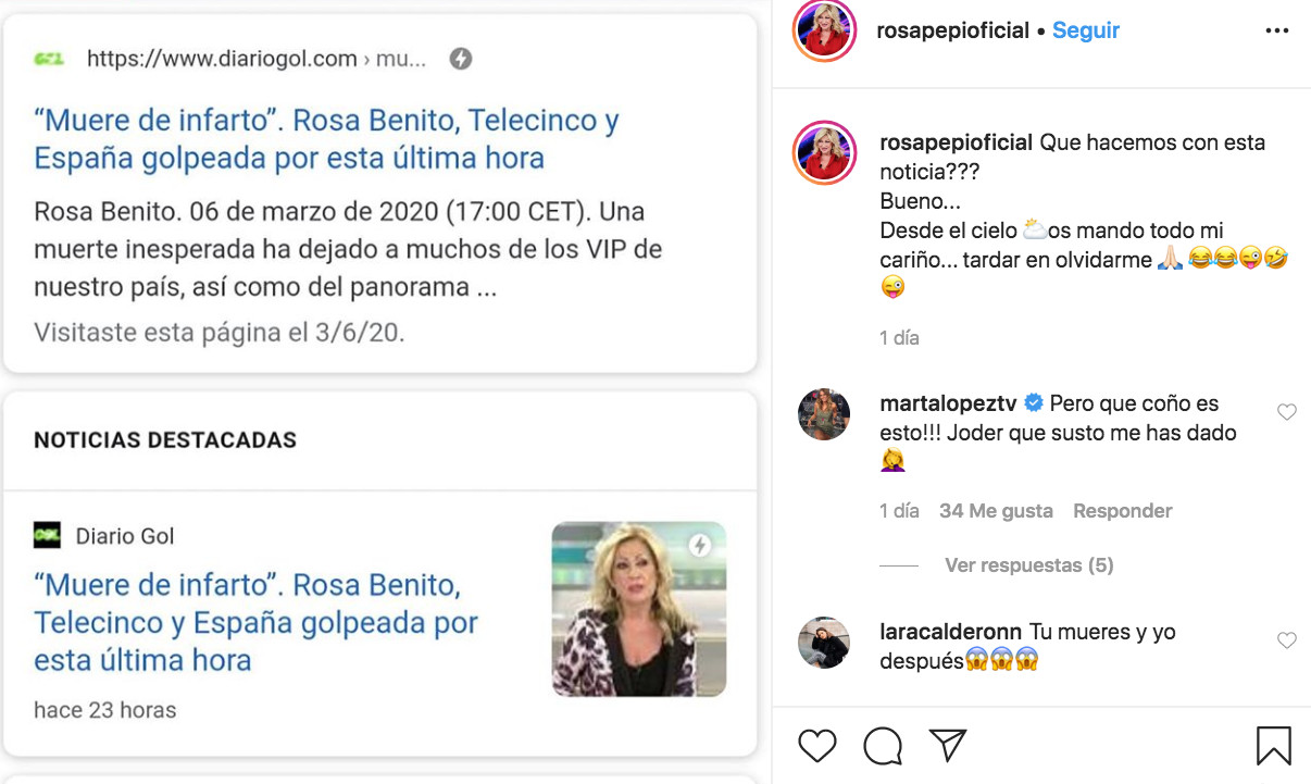 Rosa Benito denuncia una noticia acerca de su falsa muerte por infarto / INSTAGRAM