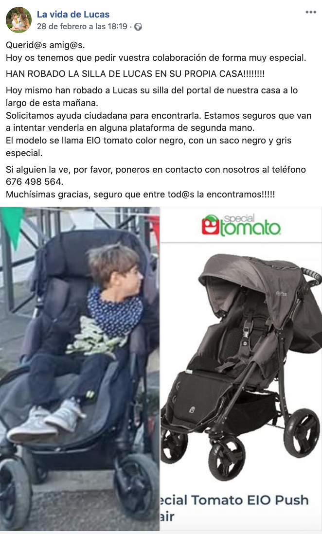 Captura de la denuncia realizada por los padres de Lucas en Facebook