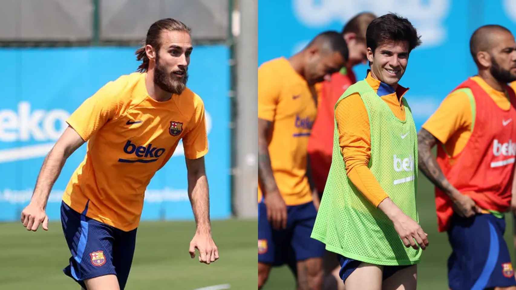 Óscar Mingueza y Riqui Puig, durante un entrenamiento del Barça / FCB