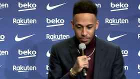 Pierre-Emerick Aubameyang, durante su presentación oficial con el Barça / Captura FCB