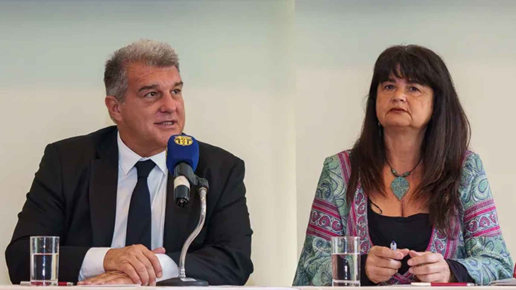 Joan Laporta, junto a Marta Segú, en una rueda de prensa en Colombia por los actos sociales de la Fundación