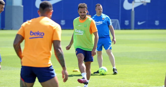 Martin Braithwaite, en uno de los últimos entrenamientos del Barça / FCB