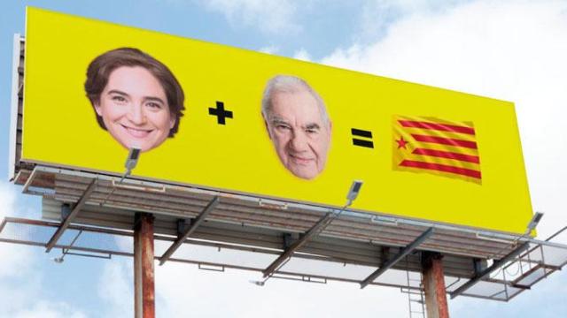 Imagen de la valla publicitaria que aparecerá en Barcelona en cuestión de horas con la cara de los líderes de uno de los bloques