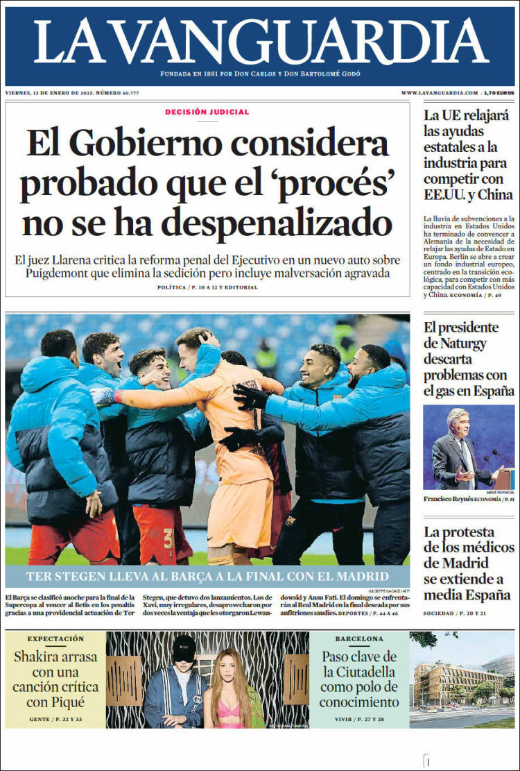 Portada de 'La Vanguardia' de 13 de enero de 2023 / kiosko.net