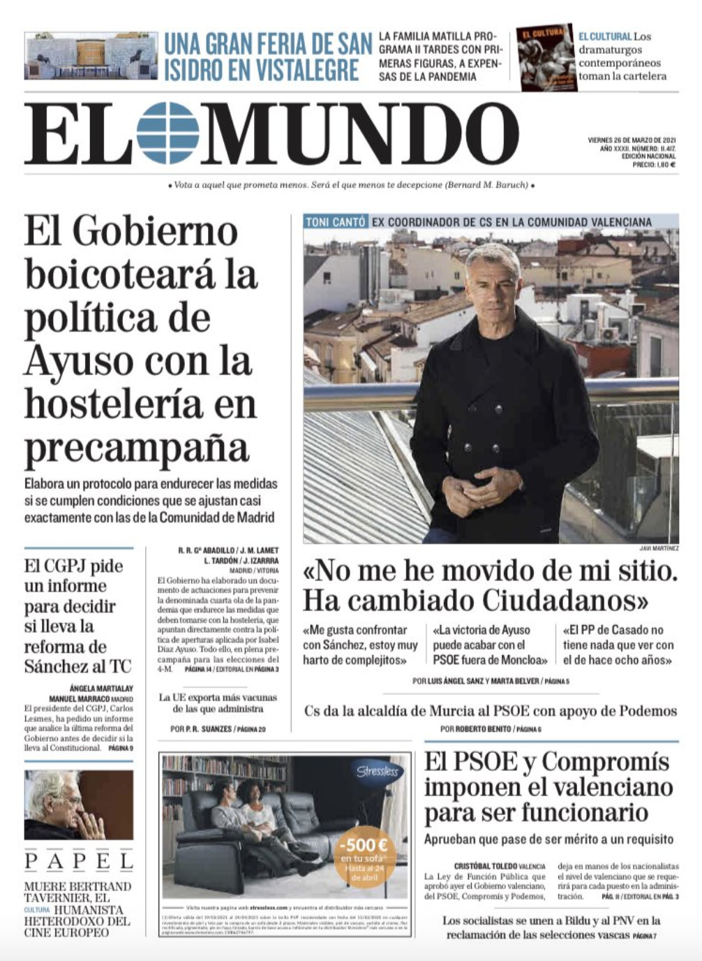 Portada de 'El Mundo' del 26 de marzo de 2021 / EL MUNDO