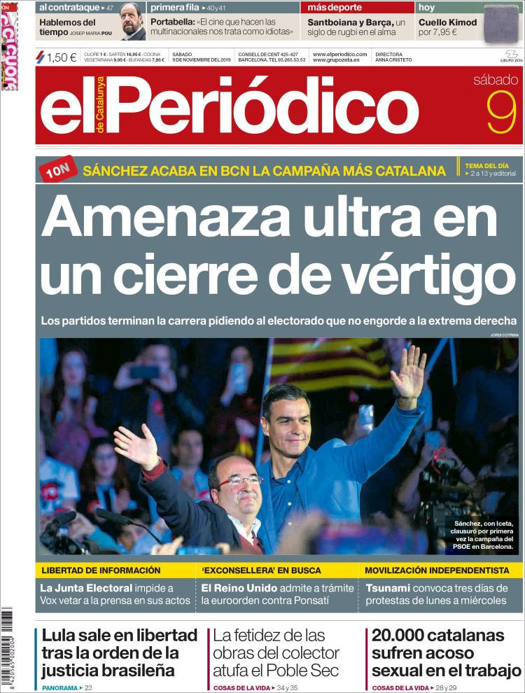 Portada de 'El Periódico' del sábado 9 de noviembre