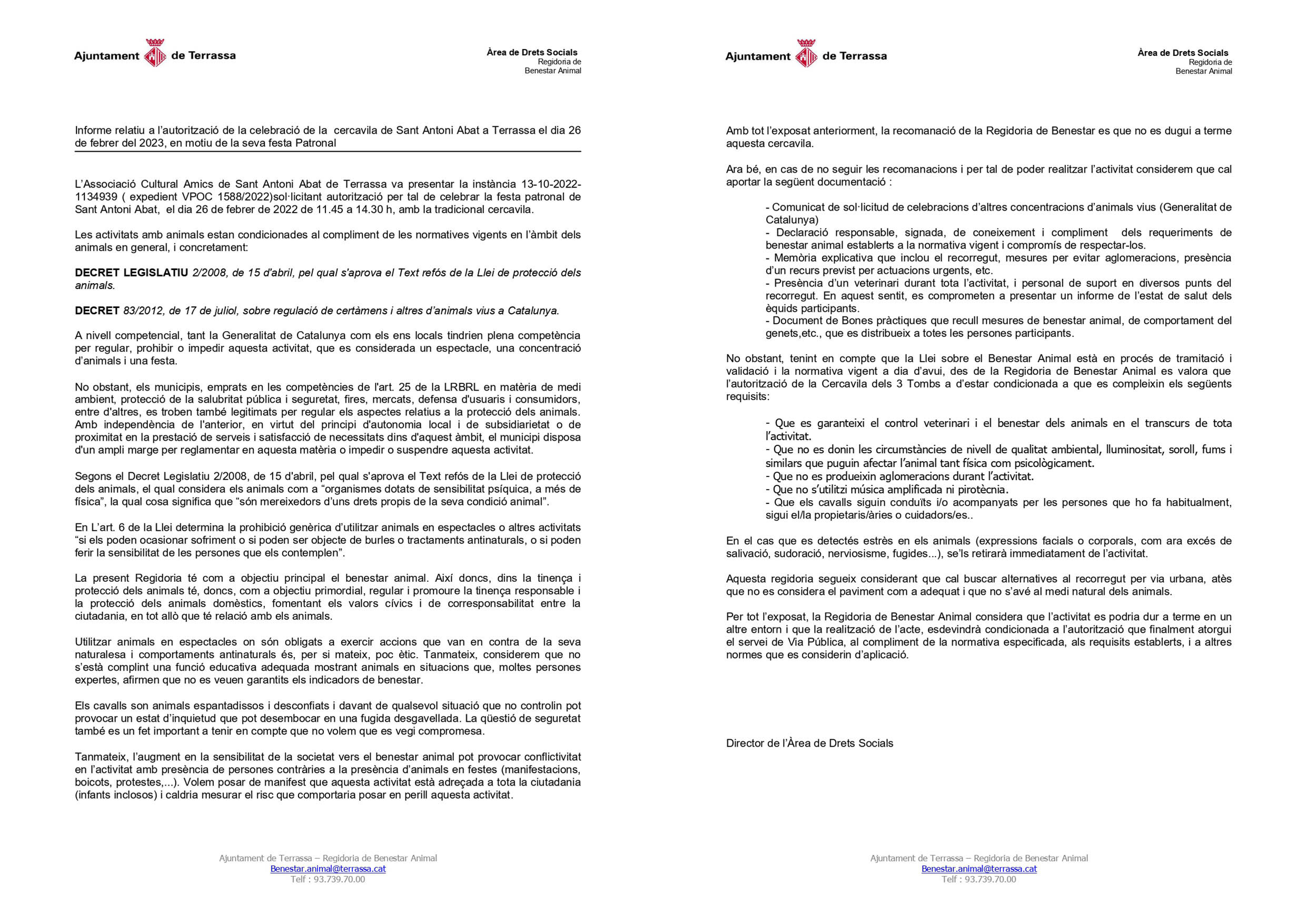 Informe que el Ayuntamiento de Terrassa presentó a la organización de Els Tres Tombs con los requisitos para celebrar el desfile / AYUNTAMIENTO DE TERRASSA - CEDIDA