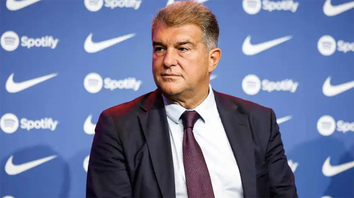 Joan Laporta, durante la presentación de uno de los fichajes del Barça / EP