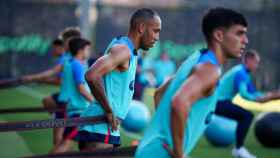 Aubameyang, con su 'look' rapado, en el comienzo de la pretemporada del Barça FCB