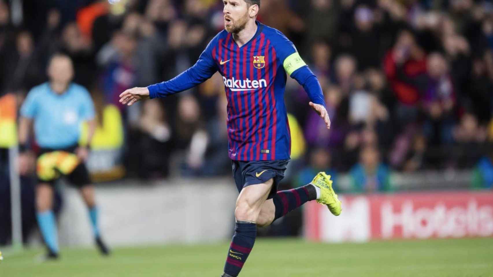 Una foto de Leo Messi celebrando un gol ante el Olympique de Lyon / FCB