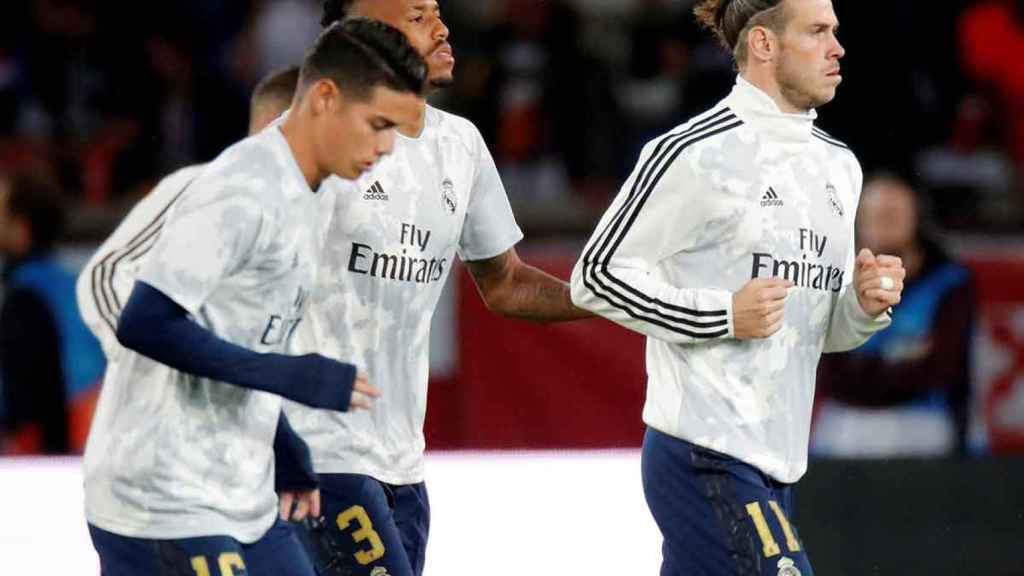 James, Militao y Bale en un entrenamiento del Real Madrid / EFE