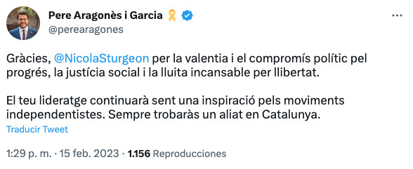 El presidente de la Generalitat de Cataluña, Pere Aragonès, manda un mensaje a la hasta hoy primera ministra de Escocia, Nicola Sturgeon / TWITTER