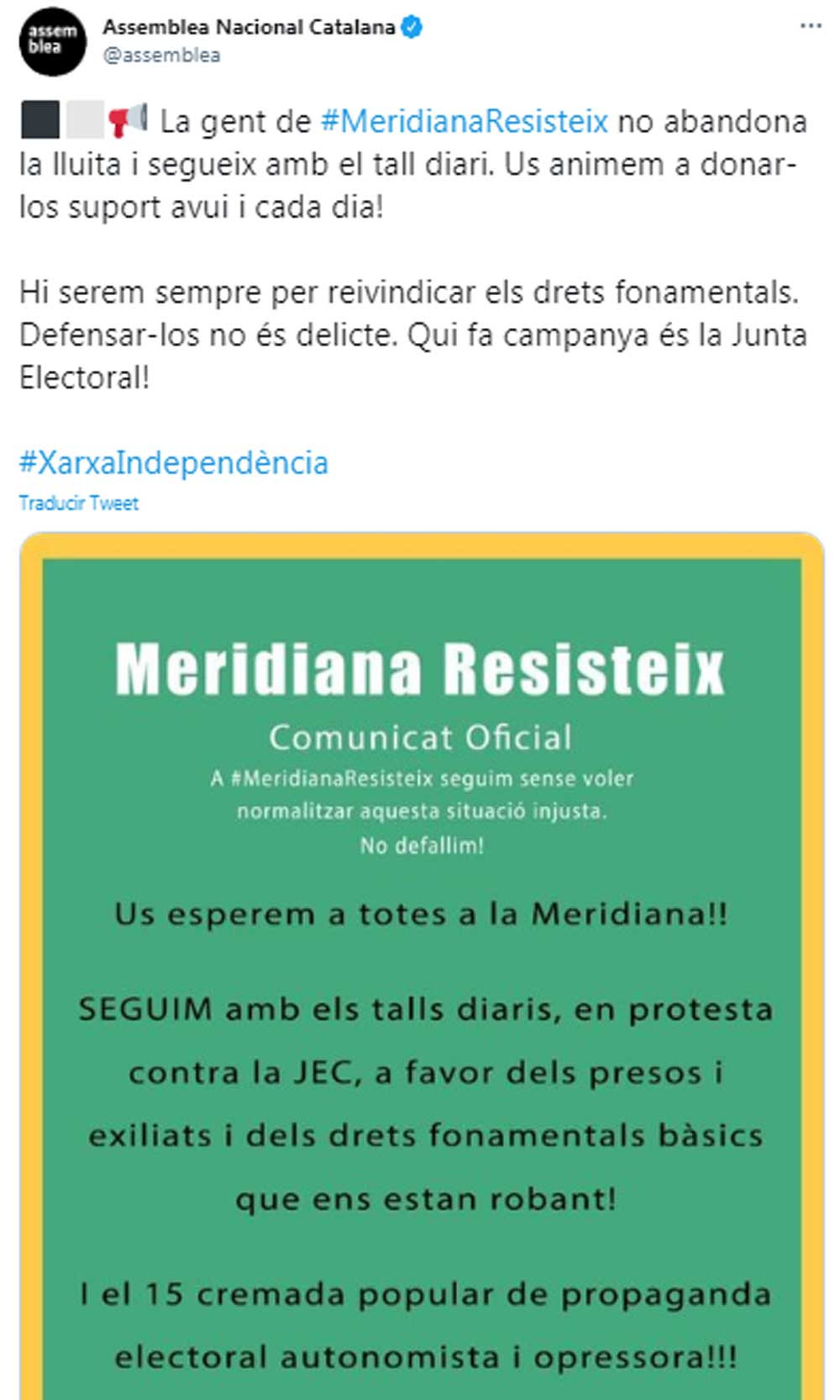 Mensaje de la ANC alentando a participar en los cortes independentistas de la Meridiana