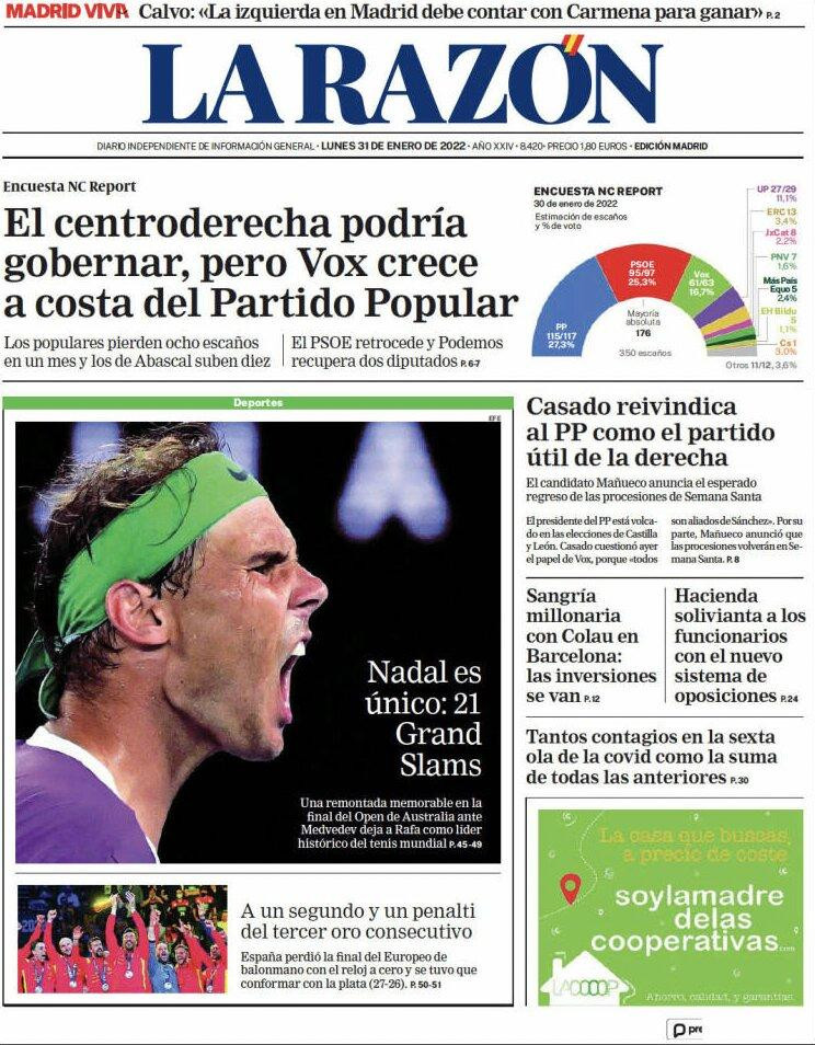 Portada de 'La Razón' del 31 de enero de 2022 / CG