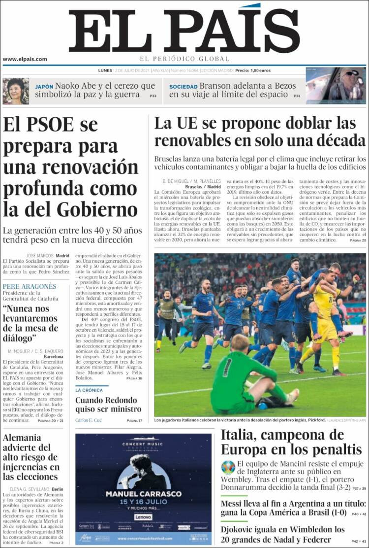 Portada de 'El País' del 12 de julio de 2021 / KIOSKO.NET