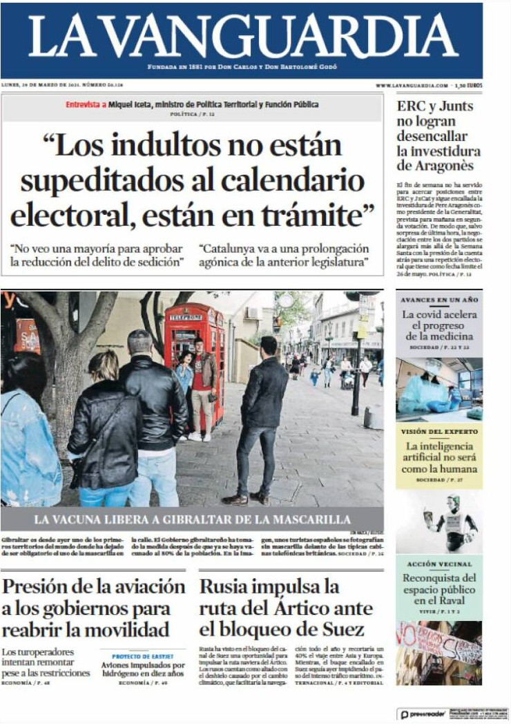 Portada de 'La Vanguardia' del 29 de marzo de 2021 / KIOSKO.NET