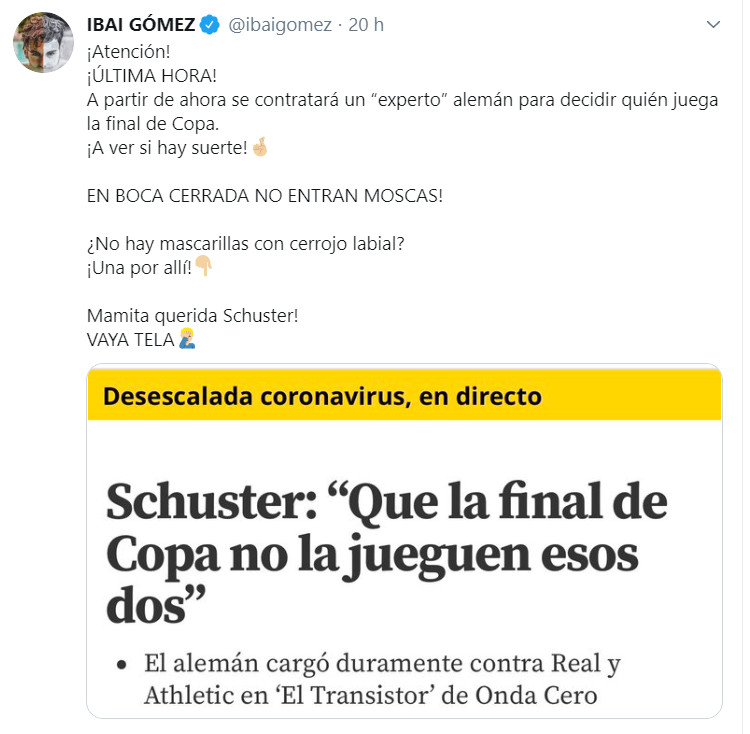 Publicación de Ibai Gómez sobre las palabras de Schuster / Twitter