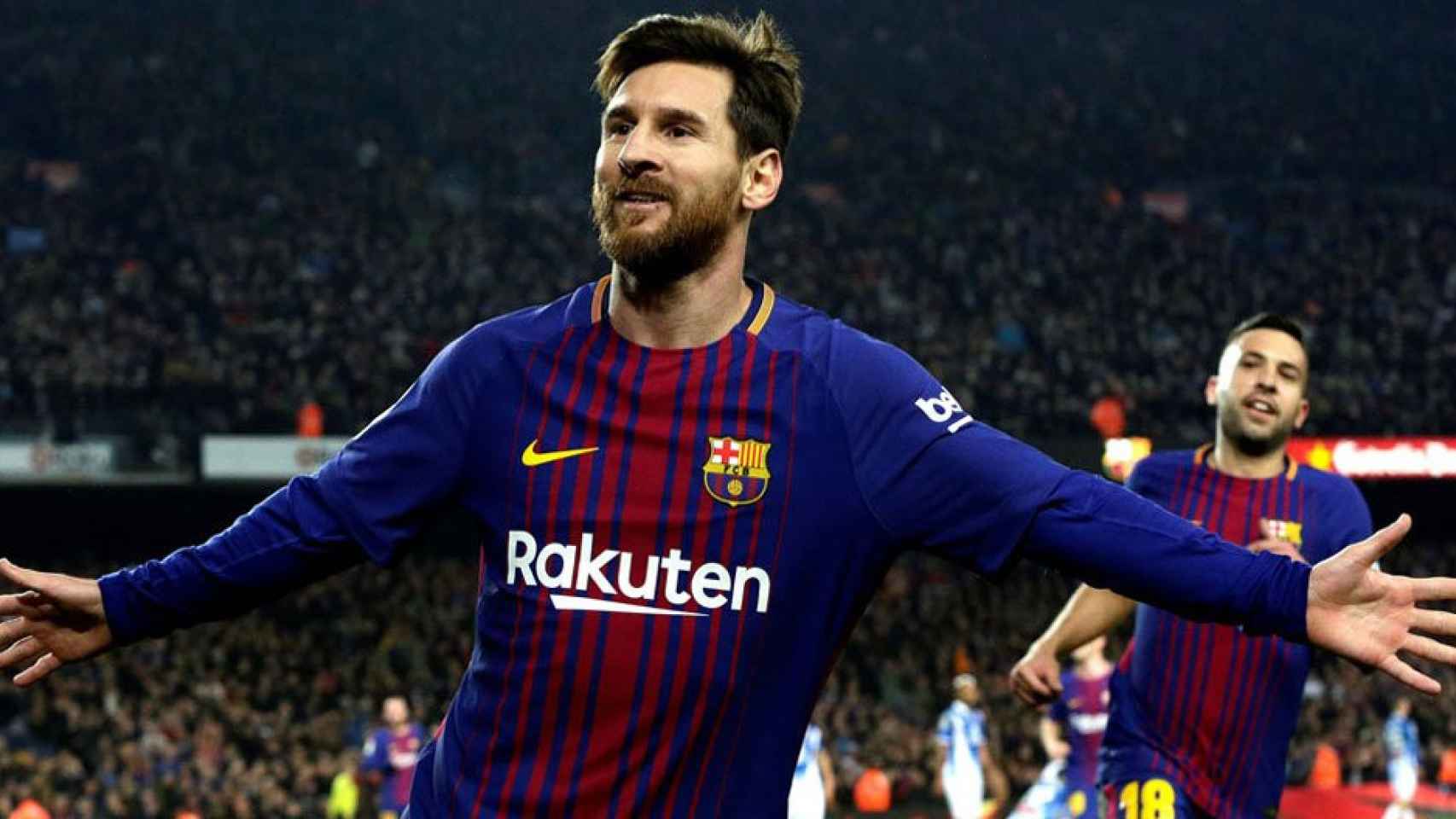 Leo Messi celebra un gol contra el Espanyol junto a Jordi Alba | EFE