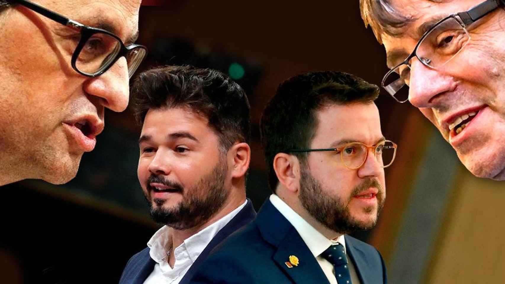 Gabriel Rufián y Pere Aragonès bajo la mirada de Quim Torra y Carles Puigdemont / FOTOMONTAJE DE CG