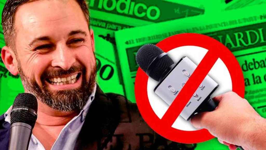 Santiago Abascal, líder de Vox, habla en un mitin pero evita a la prensa / FOTOMONTAJE DE CG