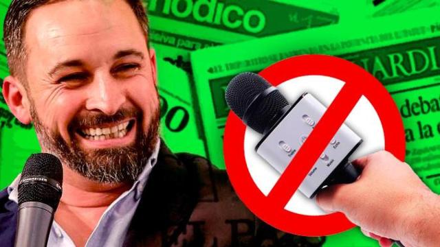 Santiago Abascal, líder de Vox, habla en un mitin pero evita a la prensa / FOTOMONTAJE DE CG