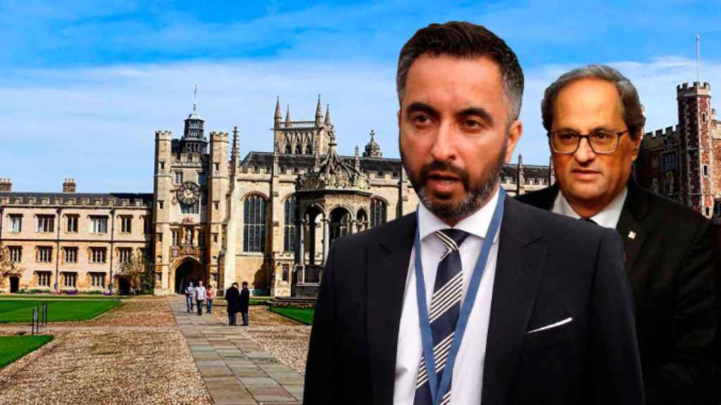 Aamer Anwar, abogado de Clara Ponsatí, y Quim Torra ante la Universidad de Cambridge / FOTOMONTAJE DE CG