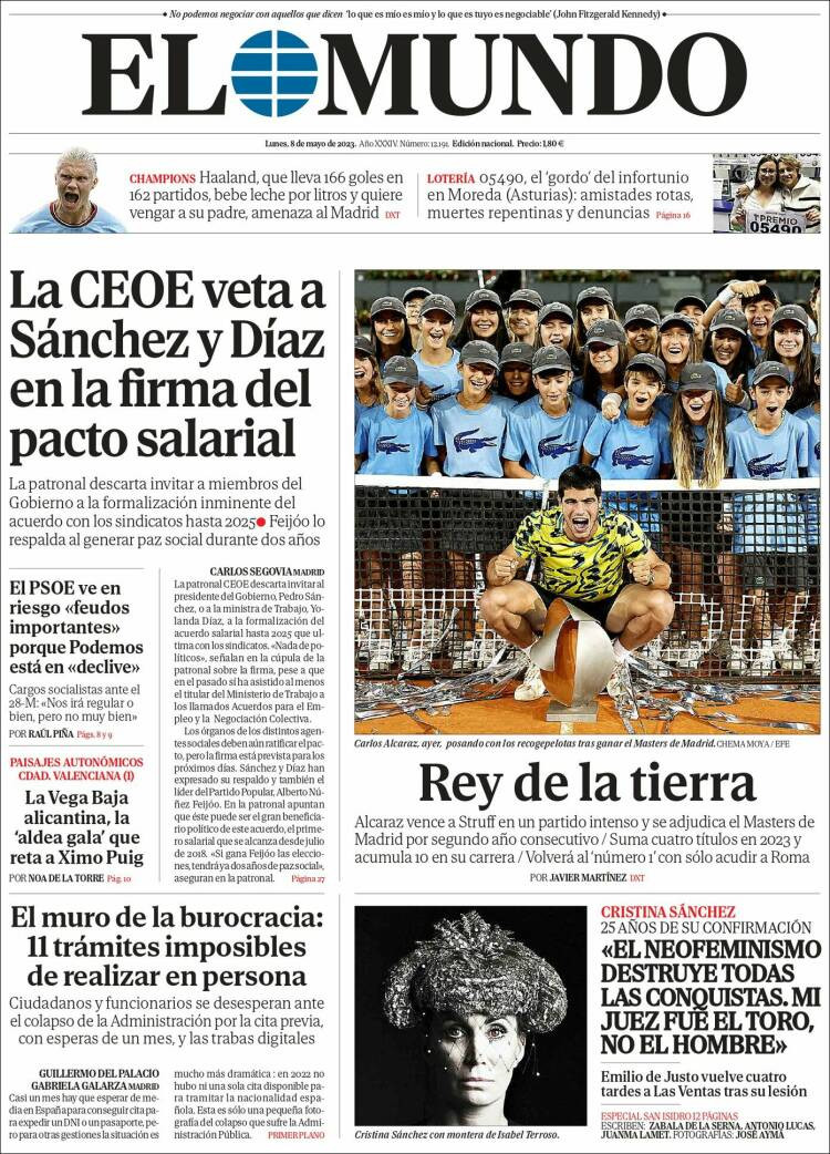 Portada de El Mundo de este lunes 8 de mayo / KIOSKO.NET