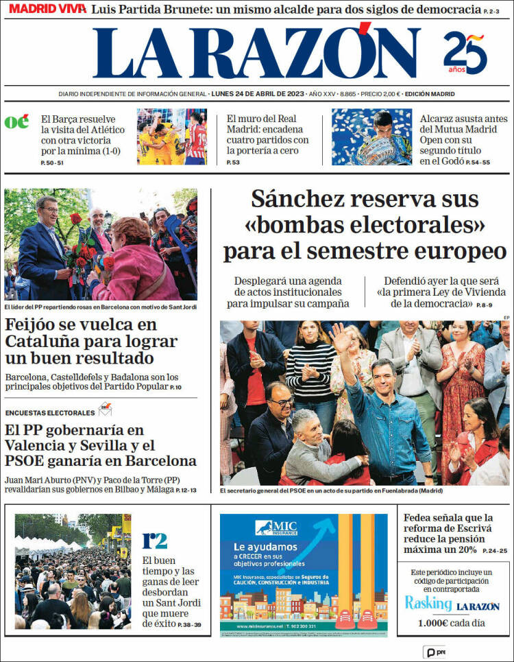 Portada de 'La Razón' de 24 de abril de 2023 / KIOSKO.NET