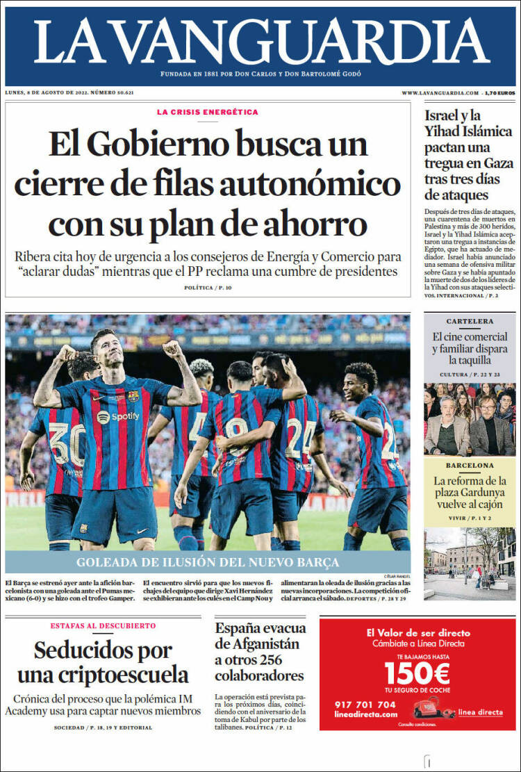 Portada de 'La Vanguardia' de 8 de agosto de 2022 / KIOSKO.NET