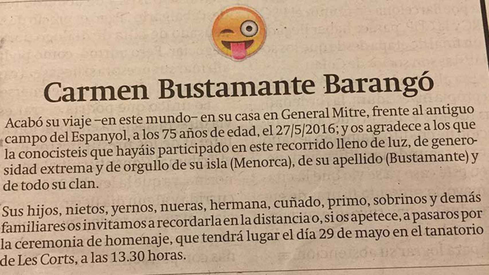 Esquela con emoticono aparecida en un diario catalán.