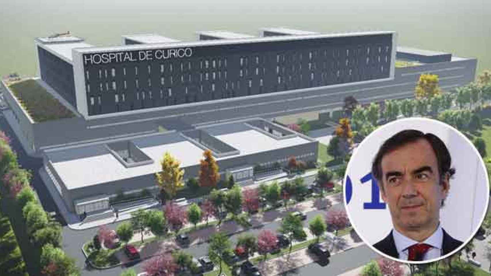 Juan Villar-Mir de Fuentes, presidente del consejo de OHL, y una proyección del futuro hospital de Curicó que construirá en Chile / CG