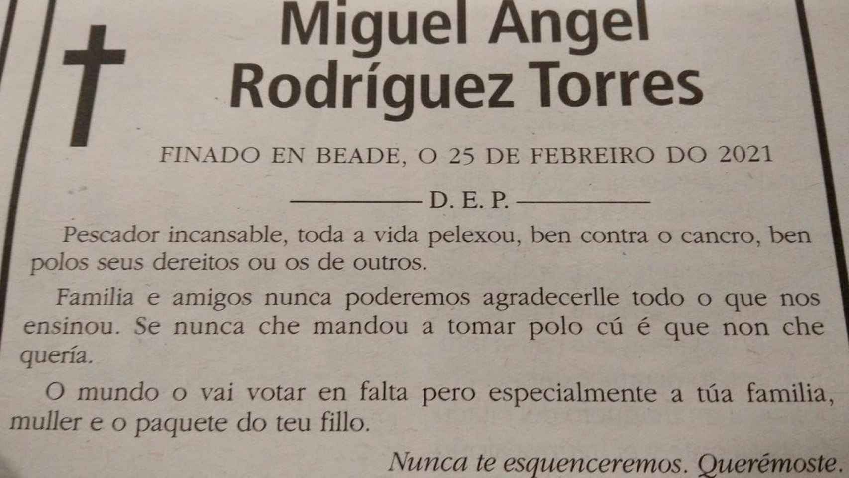 La divertida esquela de Miguel Ángel Rodríguez Torres / FARO DE VIGO