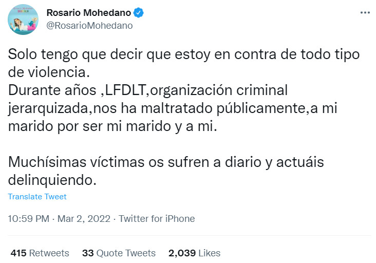 Publicación de Chayo Mohedano en Twitter / @RosarioMohedano