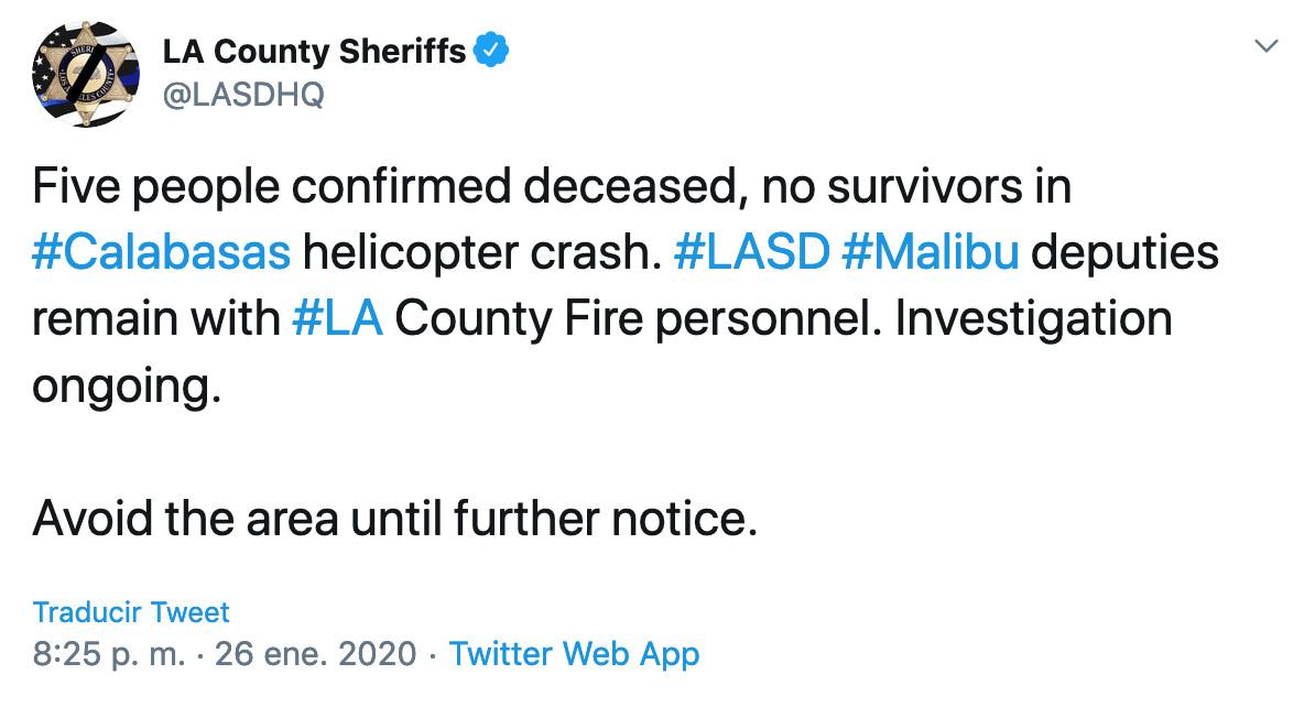 La oficina del sheriff de los Ángeles confirma cinco fallecidos tras el accidente / TWITTER