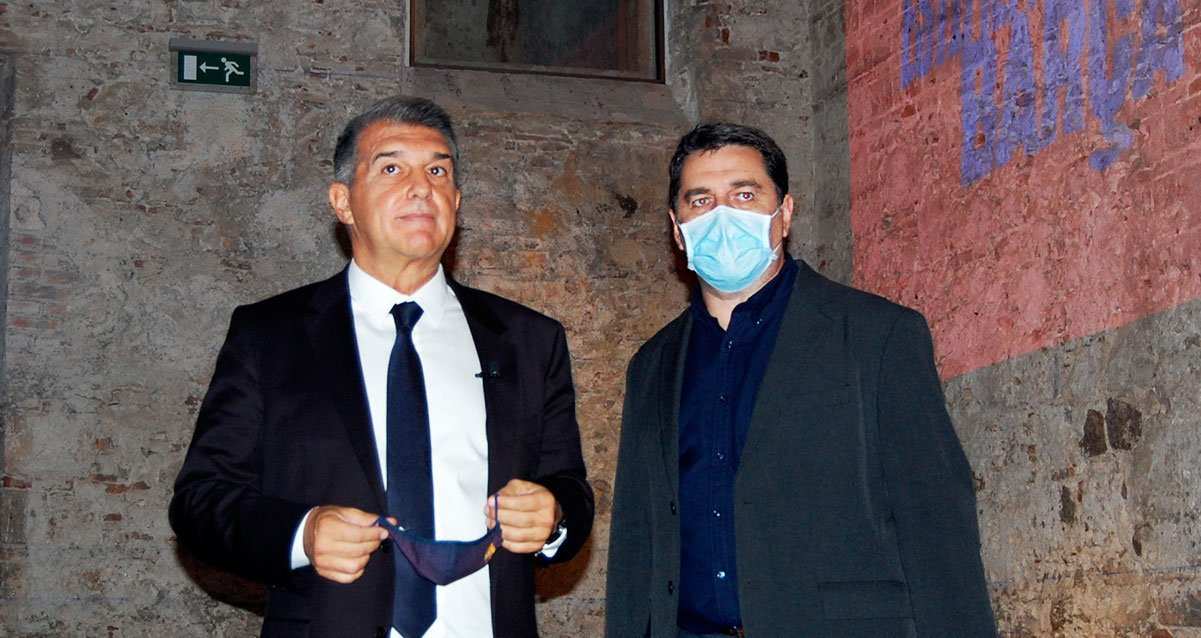 Joan Laporta en la Fábrica Moritz junto a su nuevo Dircom, Álex Santos / CULEMANIA