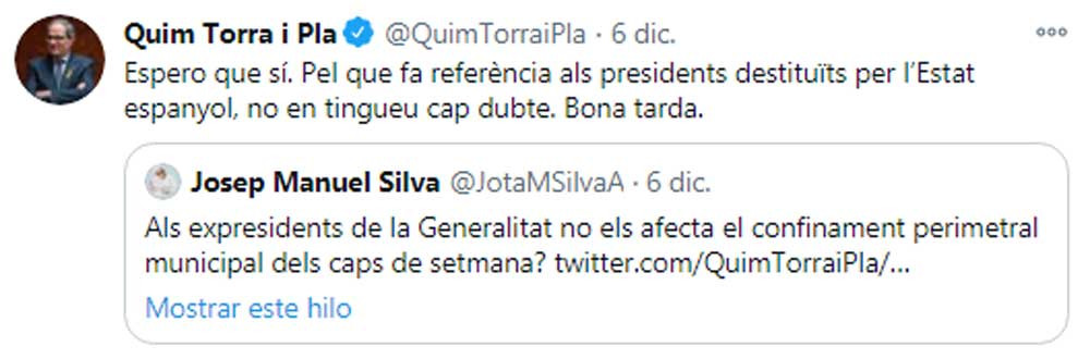 Mensaje de Torra en Twitter / @QuimTorraiPla (TWITTER)