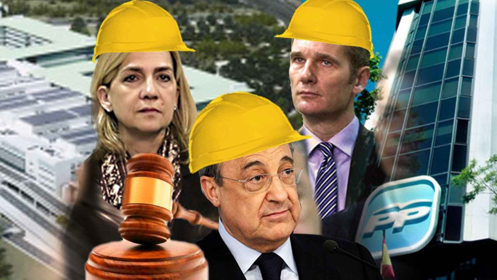 Recreación de los protagonistas de dos casos de corrupción que interseccionan en Mallorca: la infanta Cristina, su esposo y el constructor Florentino Pérez.